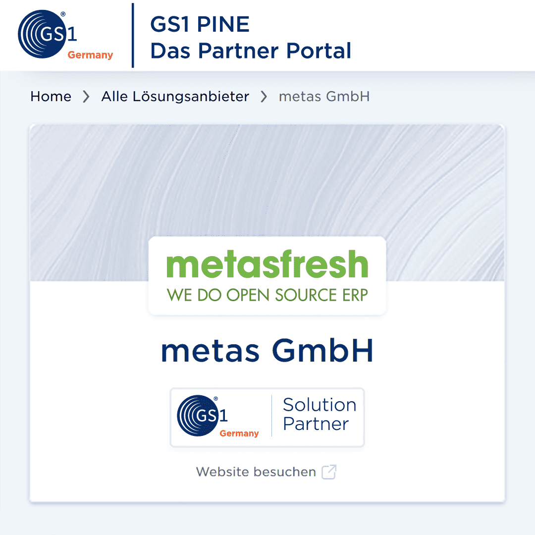 metas GmbH ist GS1 Germany Solution Partner (Screenshot GS1 Pine Partner Portal)