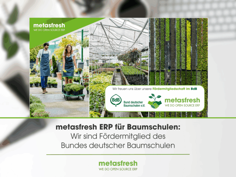 metasfresh ERP für Baumschulen: Die metas GmbH ist Fördermitglied des Bundes deutscher Baumschulen (BdB). Bildcollage mit Pflanzenkulturen und den Logos beider Partner.