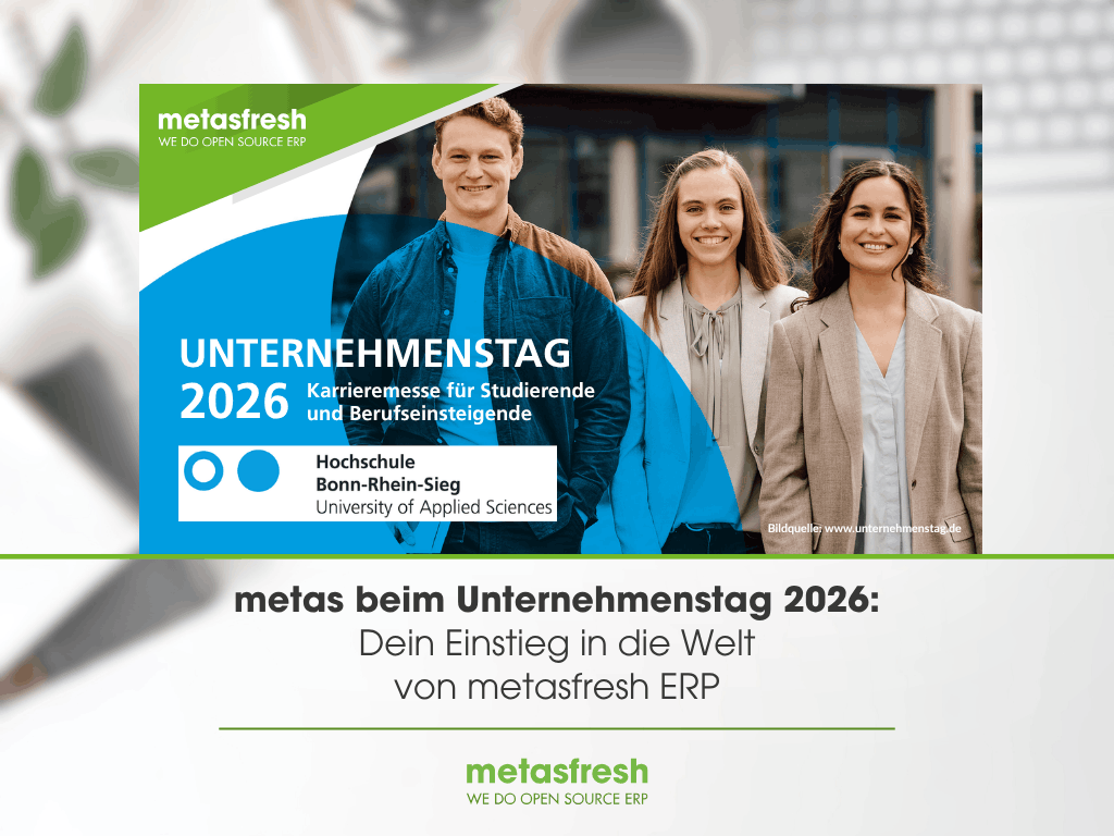 Drei junge Erwachsene vor einem Campusmotiv; metasfresh Key Visual zum Unternehmenstag 2026 der Hochschule Bonn-Rhein-Sieg.