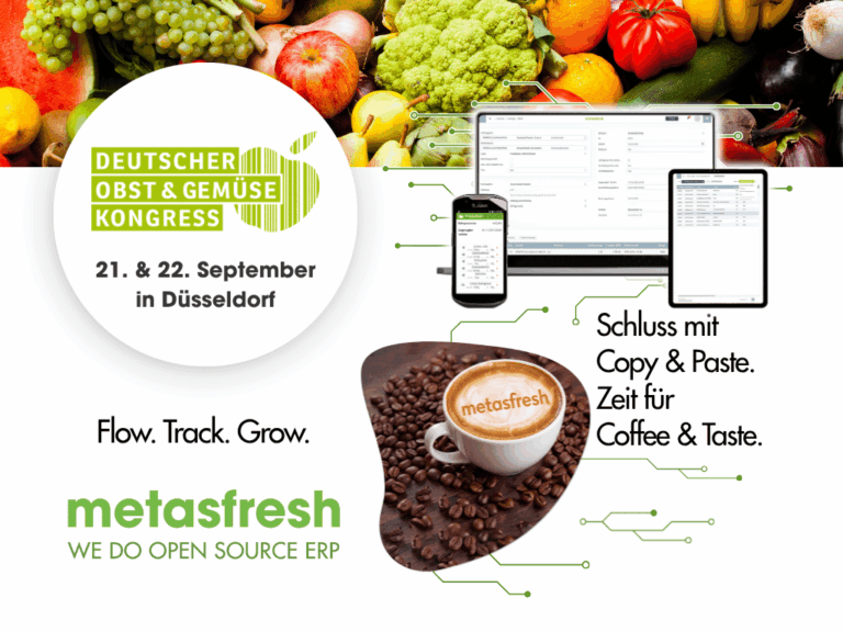metasfresh ERP beim Deutschen Obst & Gemüse Kongress 2026 in Düsseldorf – Cloud-ERP für die Frischebranche mit Kaffee-Bar-Motto „Schluss mit Copy & Paste. Zeit für Coffee & Taste.“