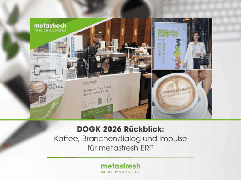 DOGK 2026 Rückblick: Collage mit metasfresh ERP-Kaffeebar, Kathrin Krake vor dem Kongressbanner und einem Cappuccino mit metasfresh-Logo.