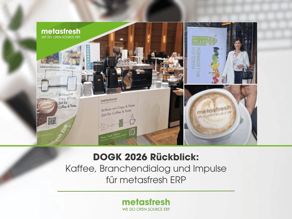 DOGK 2026 Rückblick: Collage mit metasfresh ERP-Kaffeebar, Kathrin Krake vor dem Kongressbanner und einem Cappuccino mit metasfresh-Logo.