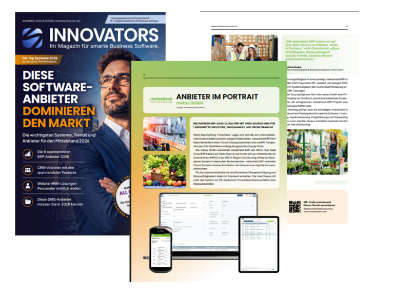 Collage vom Unternehmensprofil der metas GmbH mit metasfresh ERP im INNOVATORS Magazin 2026
