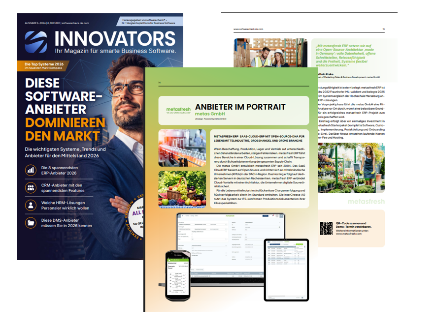 Collage vom Unternehmensprofil der metas GmbH mit metasfresh ERP im INNOVATORS Magazin 2026